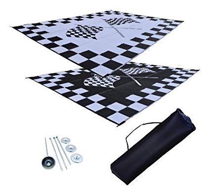 Professional EZ Travel Collection RV Patio Mat Awning Mat Outdoor Rug Trailer Mat Complete Kit 9x18 (Finish Line Flags)
