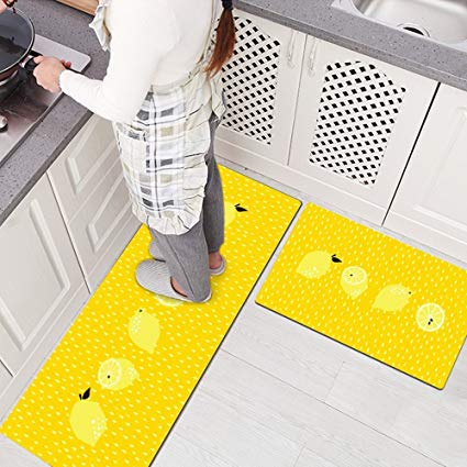 Decohome 2Pcs Non-Skid / Slip Rubber Back Kitchen Rug Sets Waterproof and Oil Proof Carpet Doormat,Lemon