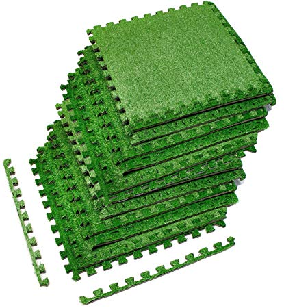 Sorbus Grass Mat Interlocking Floor Tiles – Soft Artificial Grass Carpet – Multipurpose Foam Tile Flooring – Patio, Playroom, Gym, Tradeshow 48 Sq ft (12 Tiles, Borders)