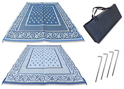 Redwood Mats Patio Mat 9' X 12' Blue Rv Mat Reversible Outdoor Rug Camping Indoor (With Ground Stakes & Carry Bag)