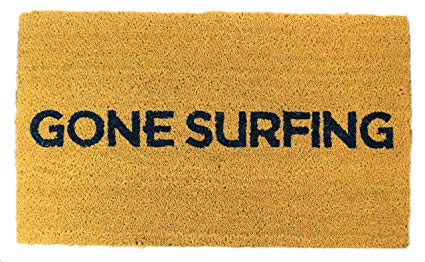 Gone Surfing Coir Doormat 18 x 30 Inch Outdoor/Indoor Extra Thick Door Mat Vinyl Rubber Backing, Dark Navy Print, For All Weather & Seasons, Dog Durable, Trademarked Design